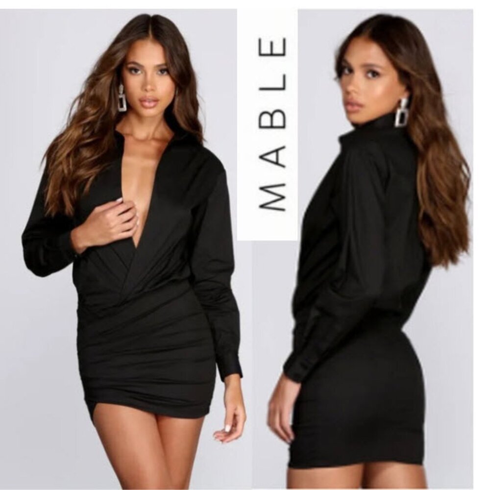 Mable Black Satin Wrap Mini Dress Long Sleeve Ruched Party Night Out Medium chic